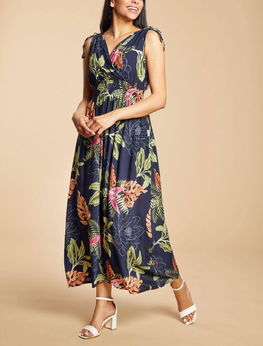 Robe longue cintrée imprimé grandes fleurs tropicales - Marine - 4