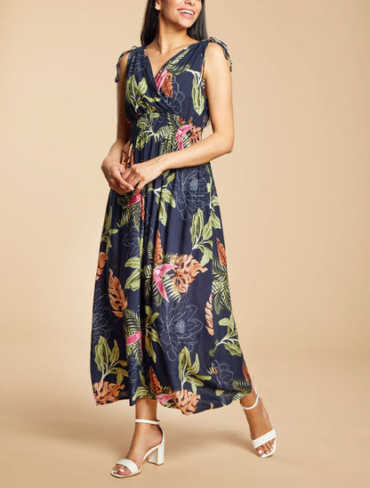 Robe longue cintrée imprimé grandes fleurs tropicales - Marine - 4