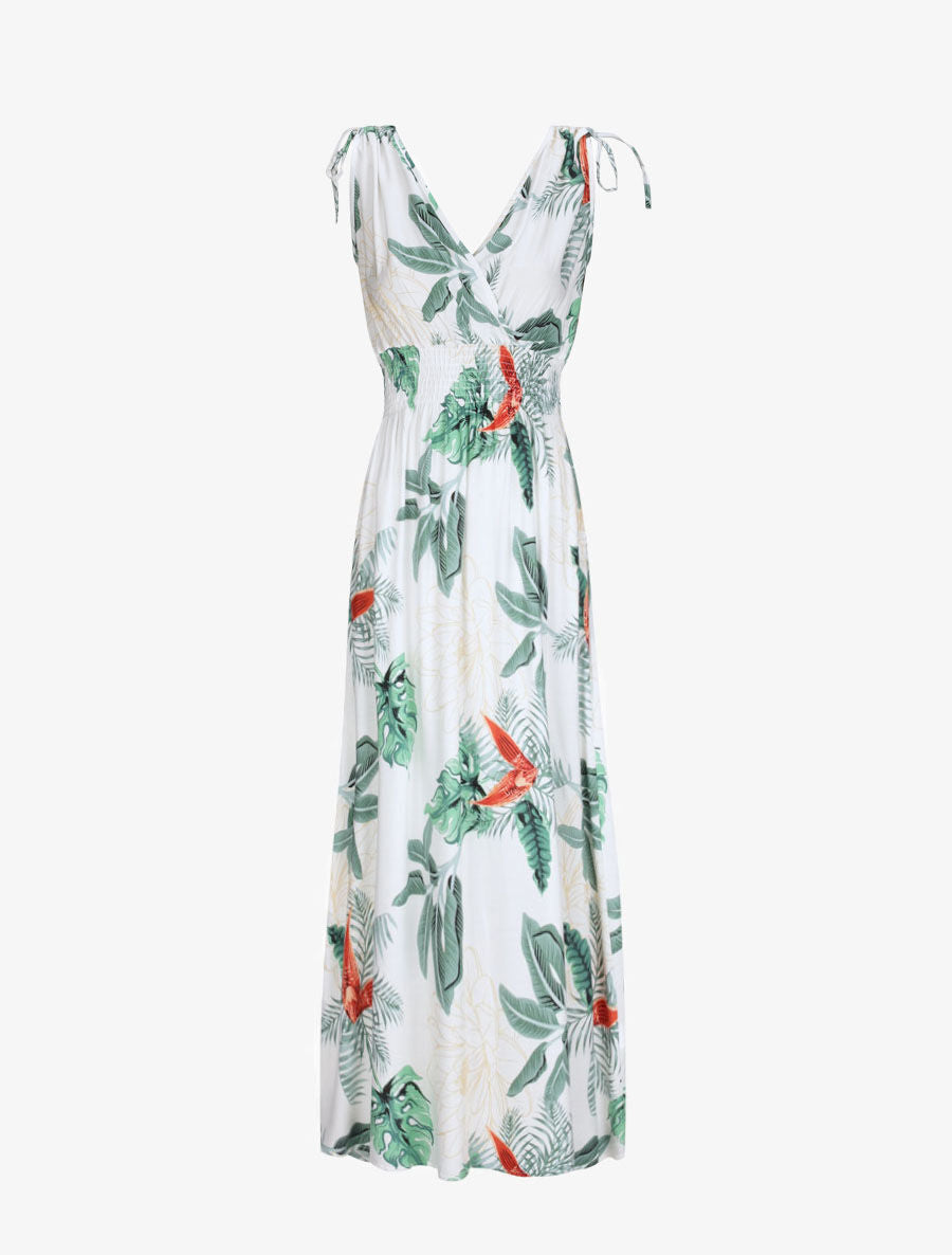 Robe longue cintrée imprimé grandes fleurs tropicales - Blanc - 4