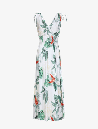Robe longue cintrée imprimé grandes fleurs tropicales - Blanc - 4