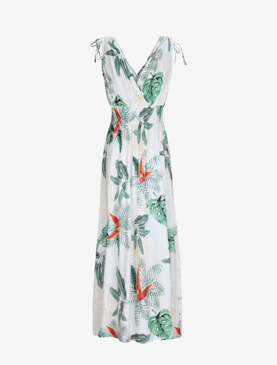 Robe longue cintrée imprimé grandes fleurs tropicales - Blanc - 2