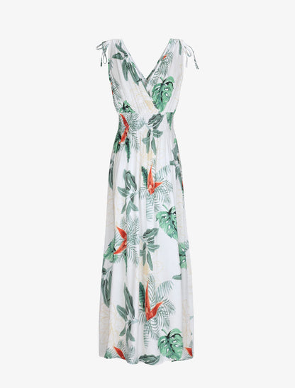 Robe longue cintrée imprimé grandes fleurs tropicales - Blanc - 2