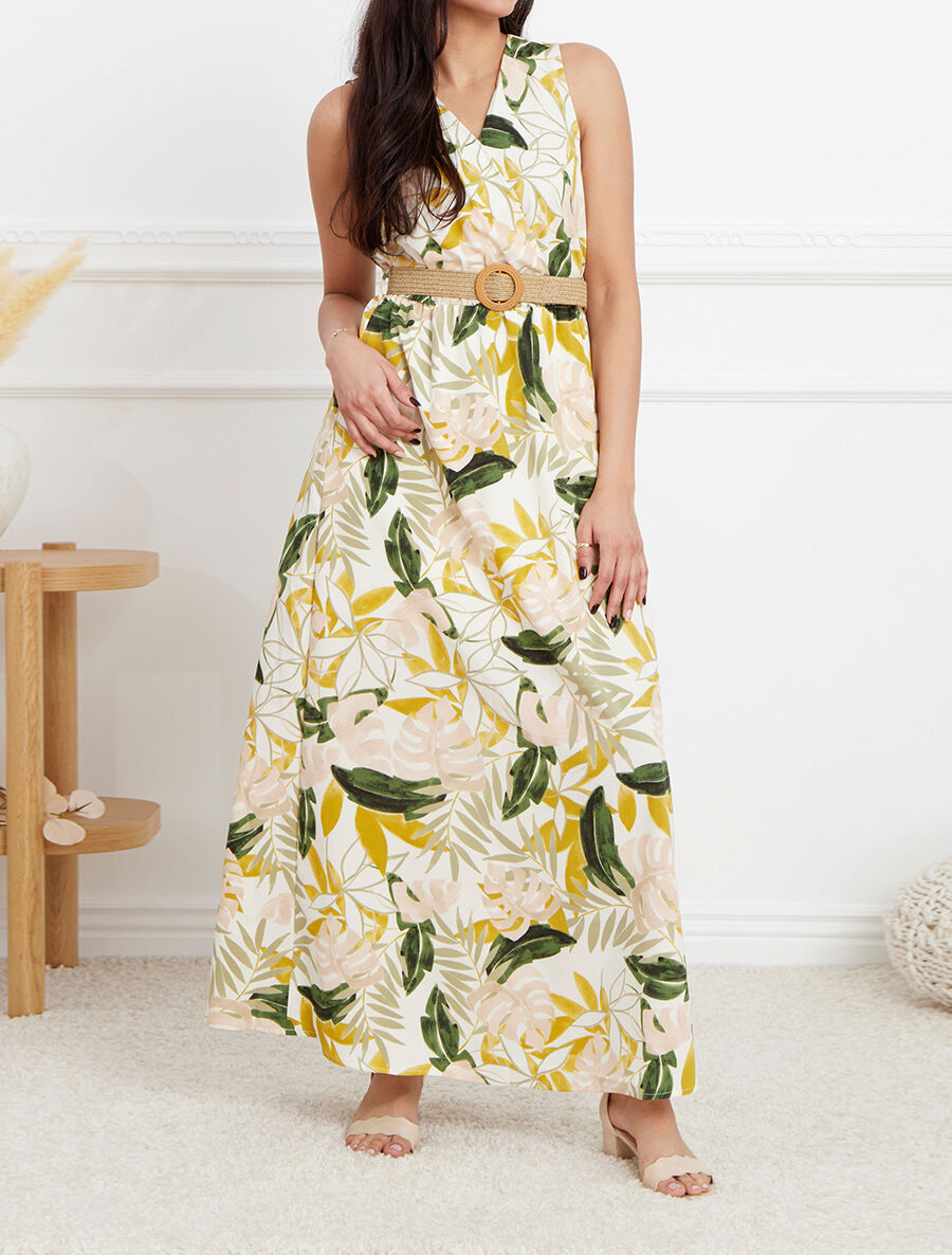 Robe longue empire sans manches imprimé tropical - Écru - 4
