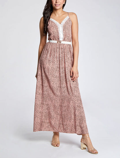Robe longue patineuse à col dentelle et imprimé moucheté - Rose - 4