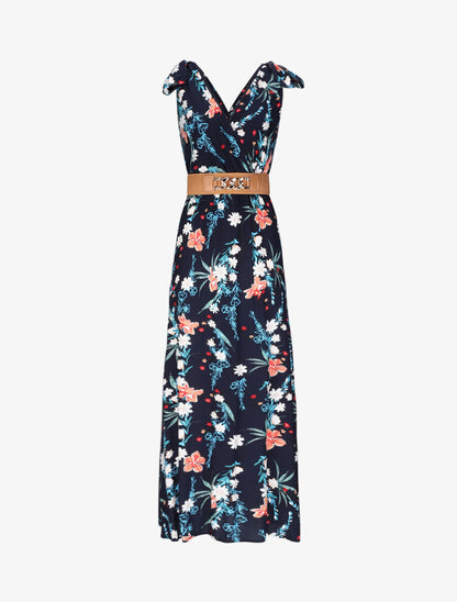 Robe longue empire à col cache-coeur imprimé bouquet fleuri - Marine - 1
