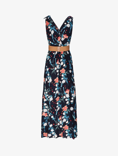 Robe longue empire à col cache-coeur imprimé bouquet fleuri - Marine - 2