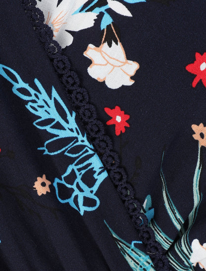 Robe longue empire à col cache-coeur imprimé bouquet fleuri - Marine - 3