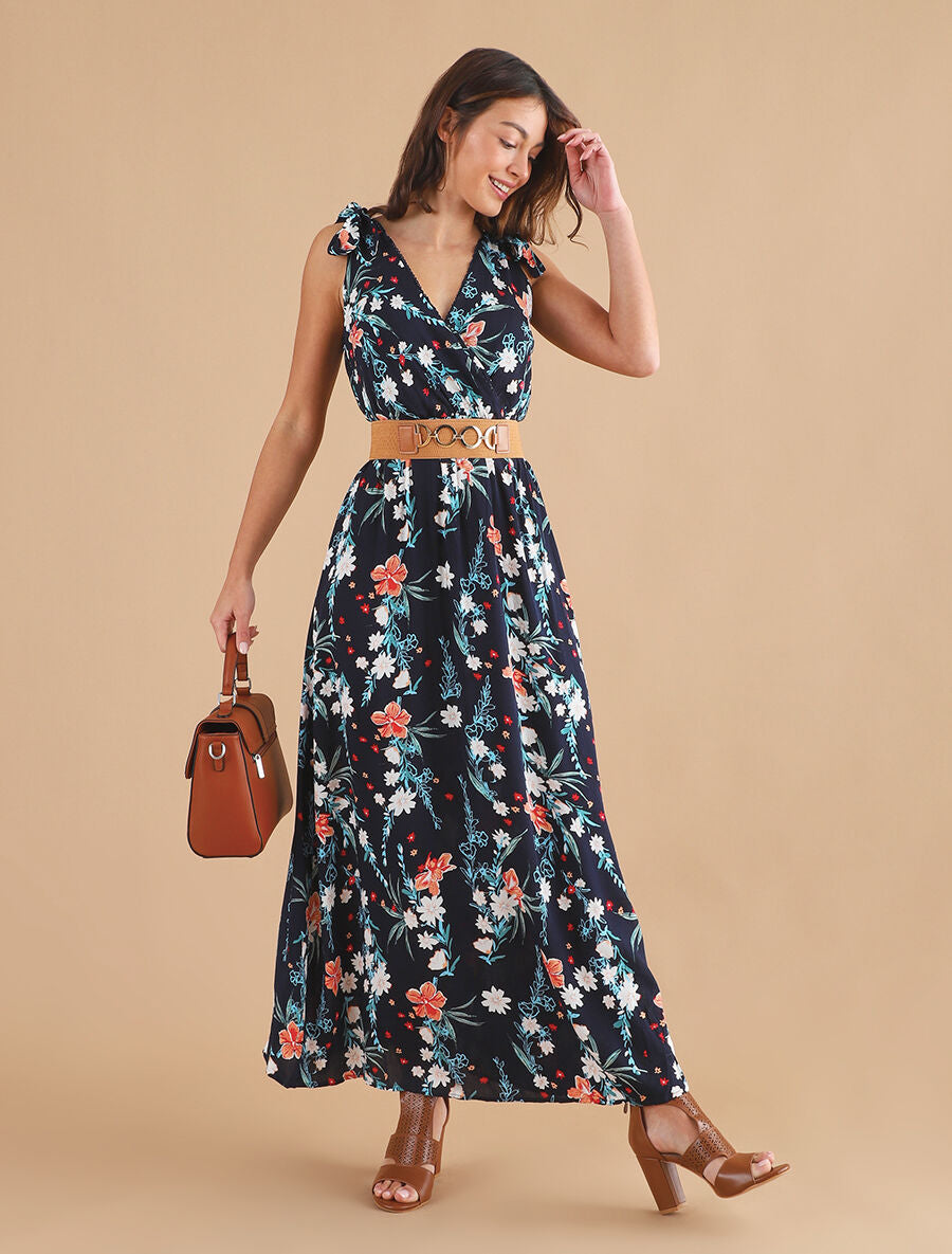 Robe longue empire à col cache-coeur imprimé bouquet fleuri - Marine - 4