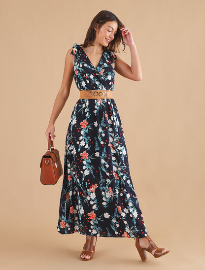 Robe longue empire à col cache-coeur imprimé bouquet fleuri - Marine - 4
