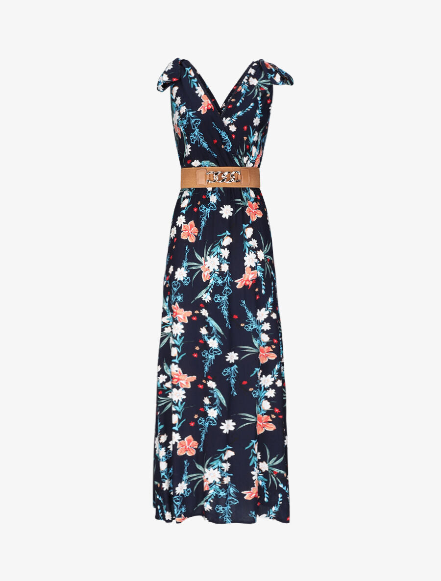 Robe longue empire à col cache-coeur imprimé bouquet fleuri - Marine - 5