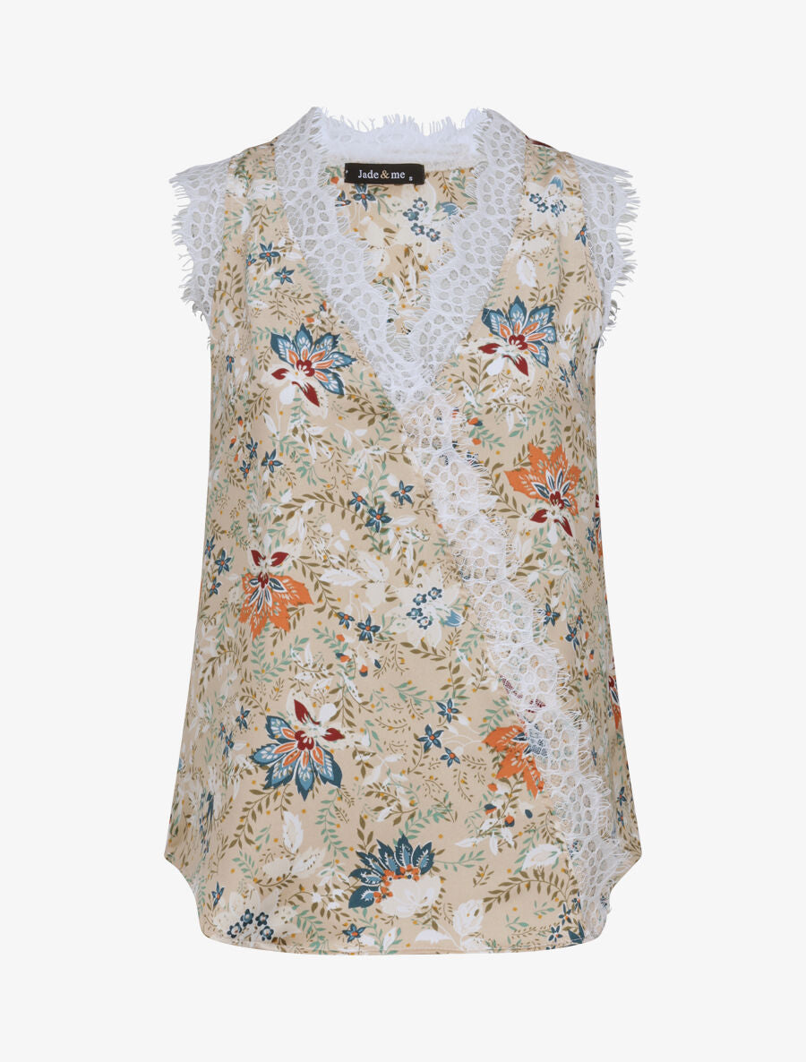 Top imprimé et satiné à empiècement dentelle - Beige - 1