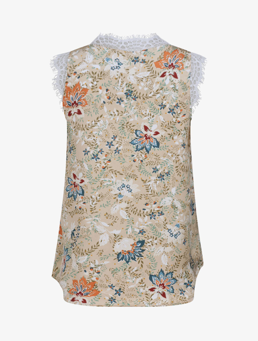 Top imprimé et satiné à empiècement dentelle - Beige - 2