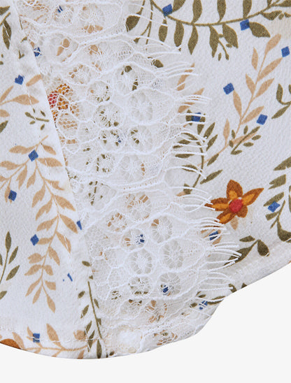 Top imprimé et satiné à empiècement dentelle - Blanc - 3