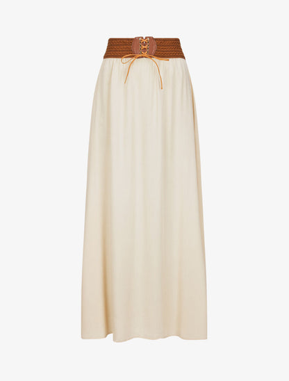 Jupe longue unie à taille haute contrastante - Beige - 6