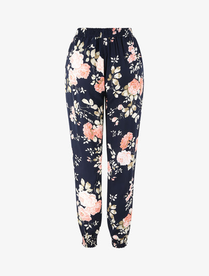 Pantalon fluide imprimé fleuri à bords élastiqués - Bleu nuit - 2