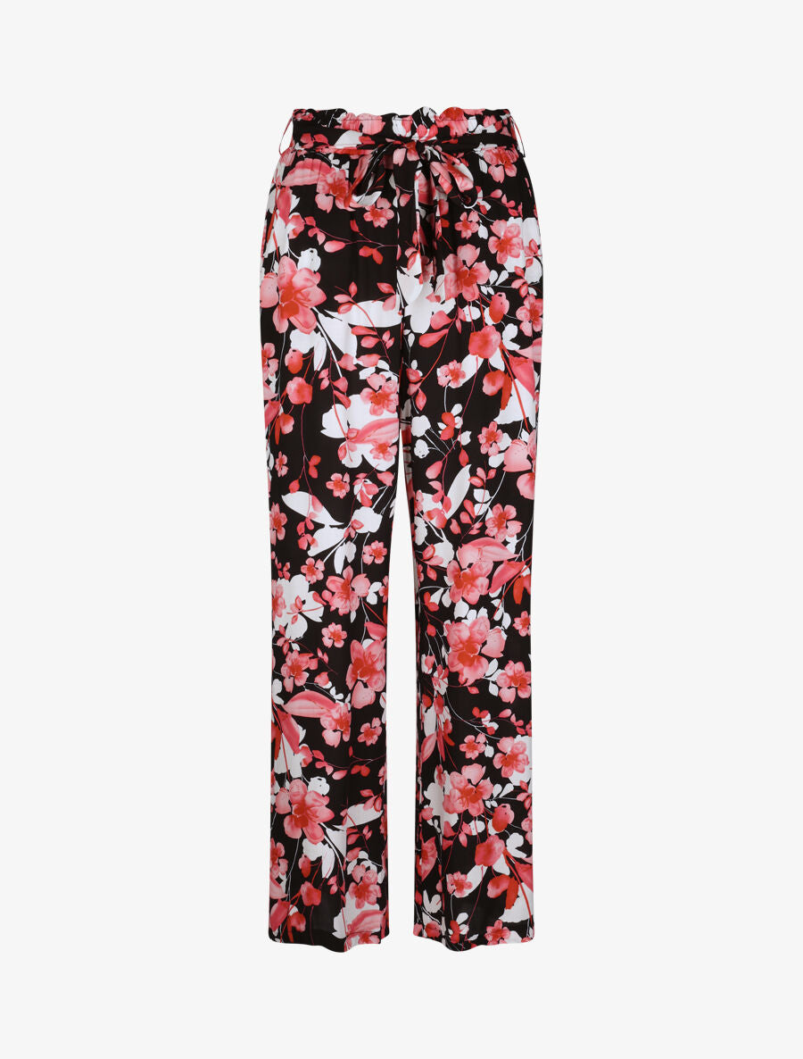 Pantalon fluide motifs pétales de roses - Noir - 1