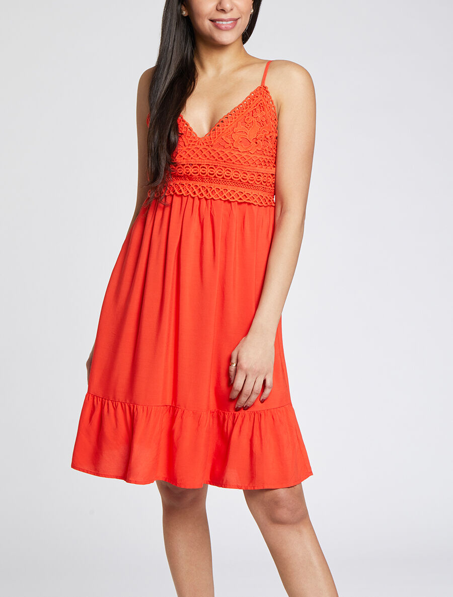 Robe courte à bretelles et dentelle - Corail - 4