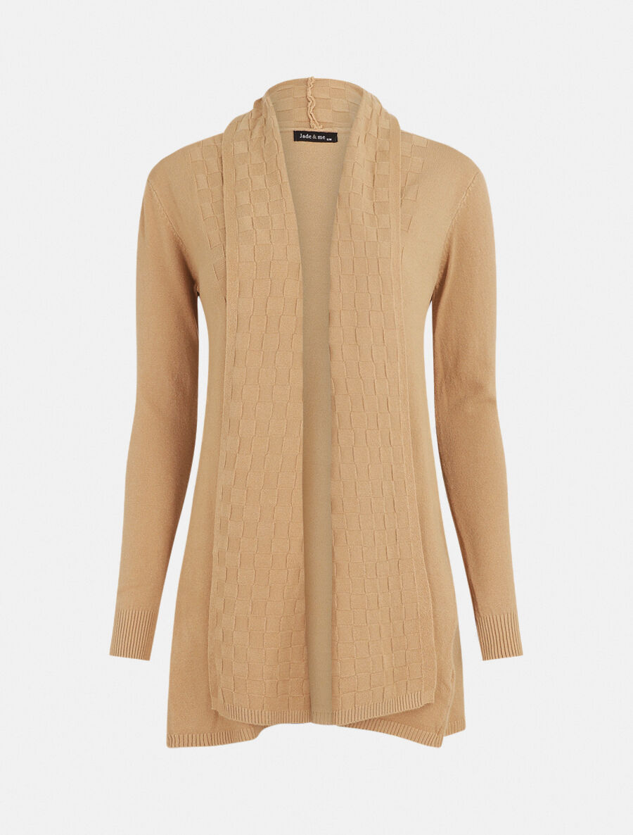 Gilet mi-long à col châle damier - Beige - 1