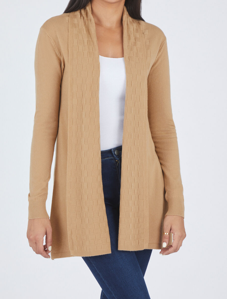 Gilet mi-long à col châle damier - Beige - 4