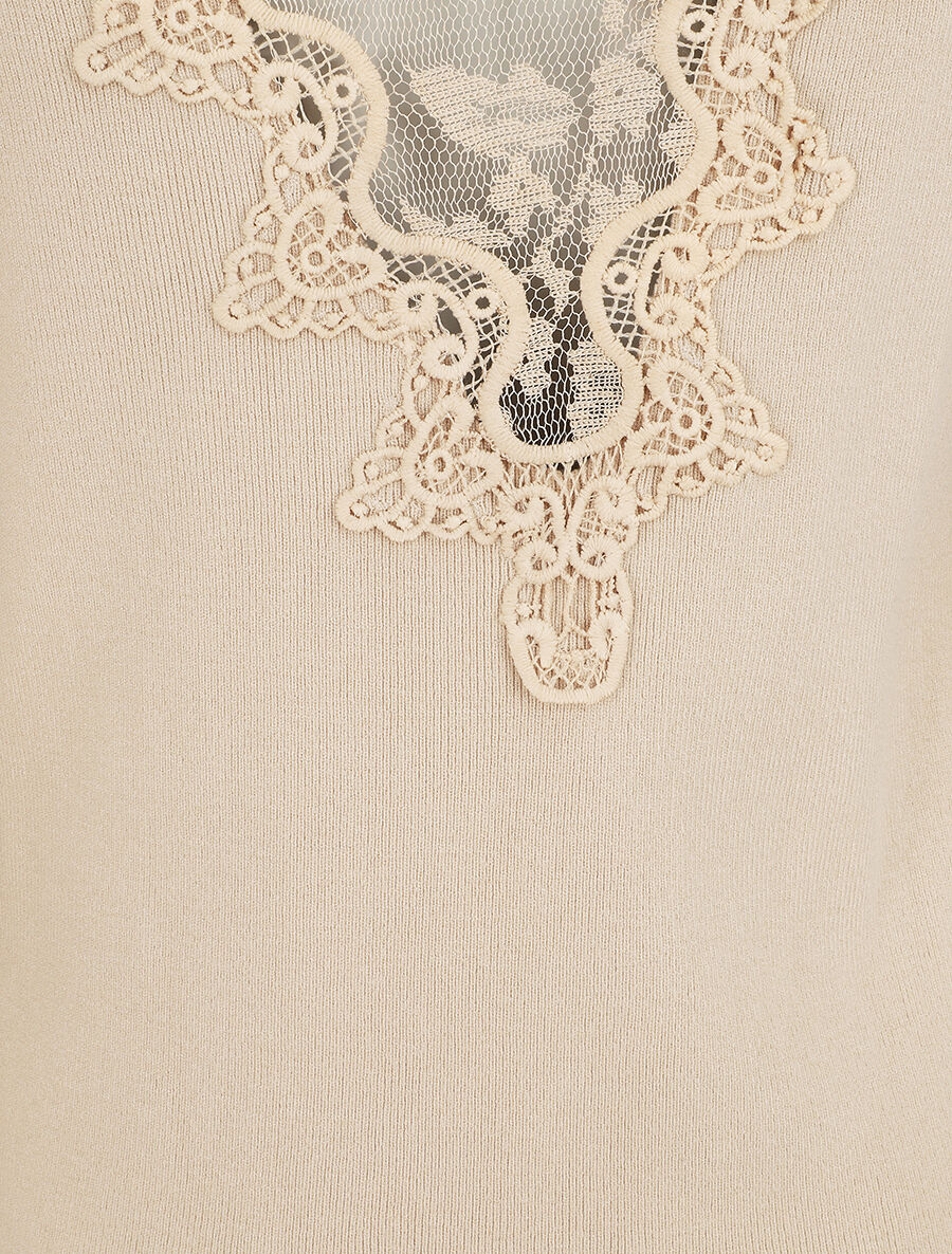 Pull fin à dos en dentelle - Beige - 4