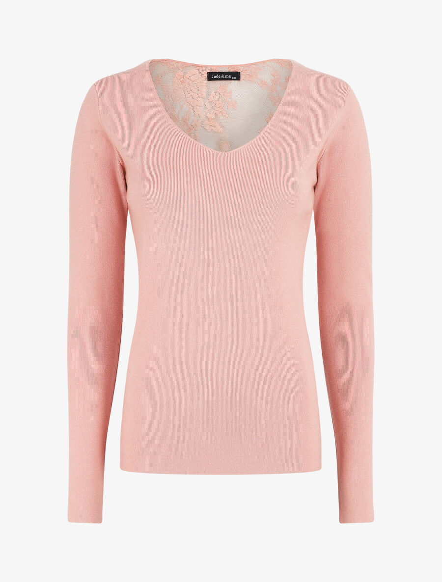 Pull fin à dos en dentelle - Rose - 2