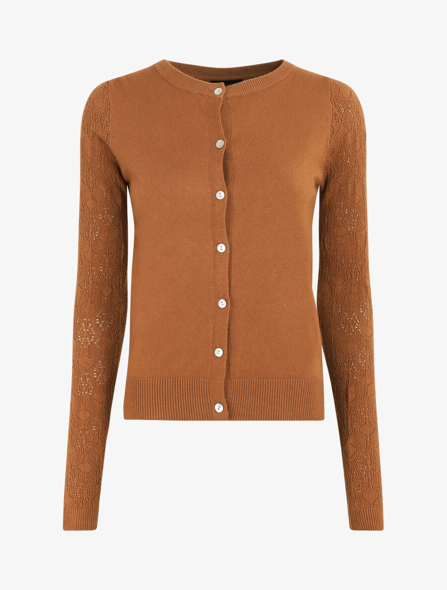 Gilet droit à manches en maille fantaisie - Camel - 1