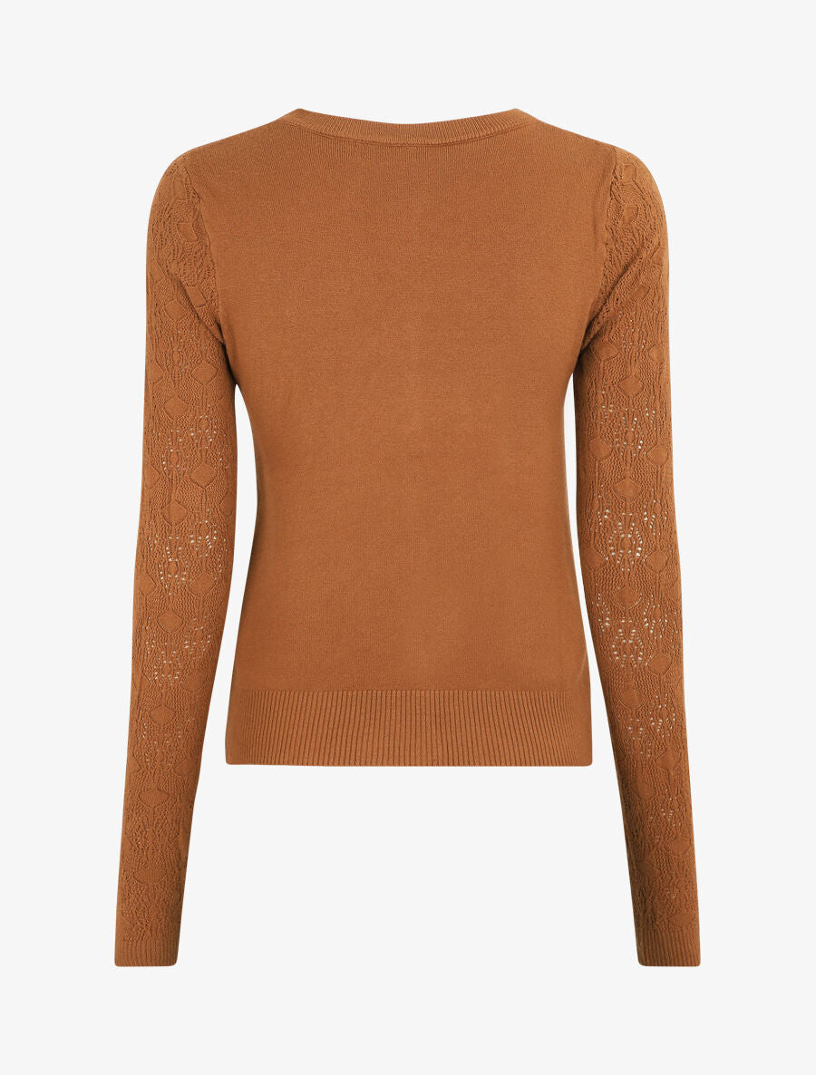 Gilet droit à manches en maille fantaisie - Camel - 2