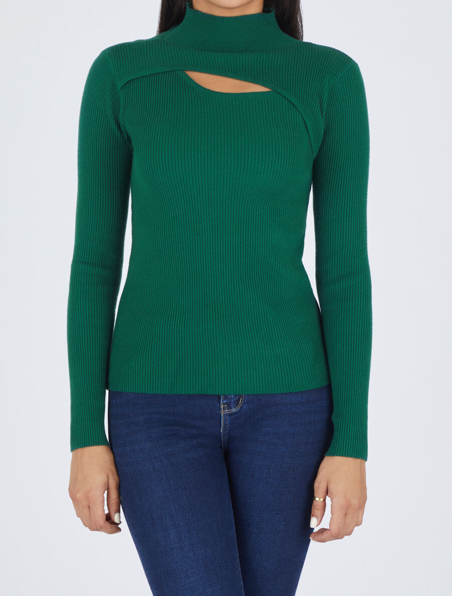 Pull col montant et décolleté ajouré - Vert - 4