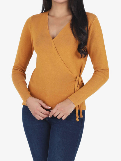 Pull cache-coeur et liens à nouer - Jaune moutarde - 4