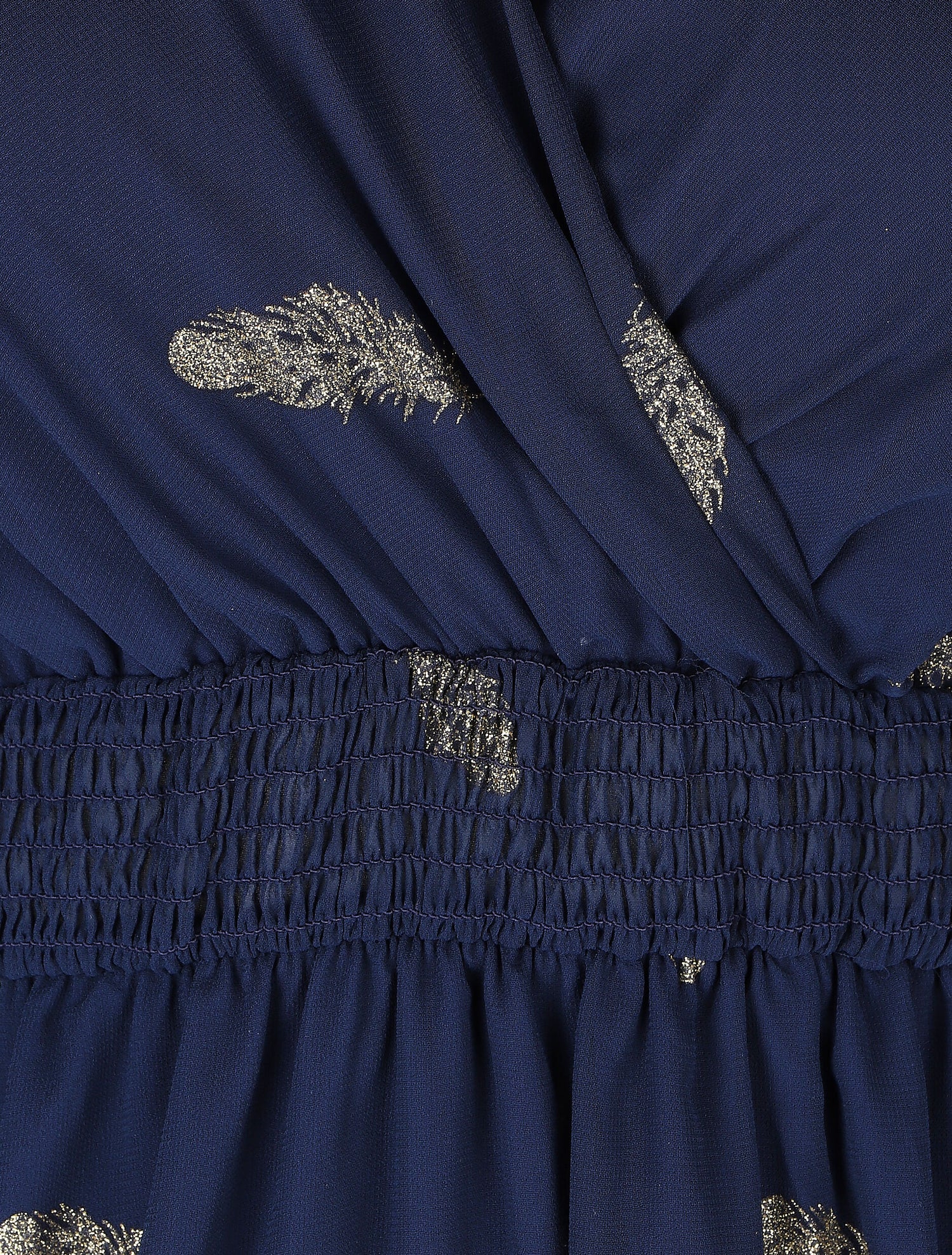 Robe mi-longue à imprimé plumes dorées - Marine - 3