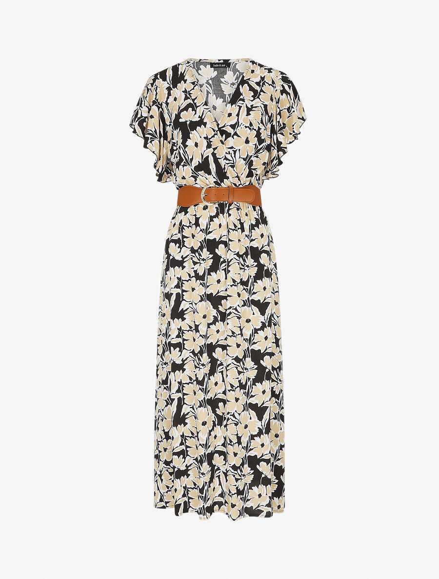 Robe longue empire à manches volantées - Noir - 1
