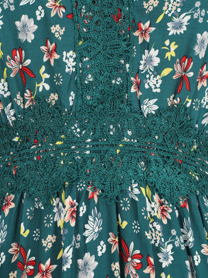 Robe longue à col dentelle et imprimé fleuri - Vert - 3