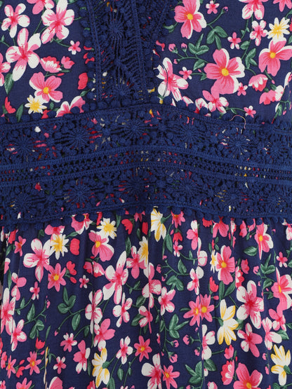 Robe longue à col dentelle et imprimé multi-fleurs - Marine - 3