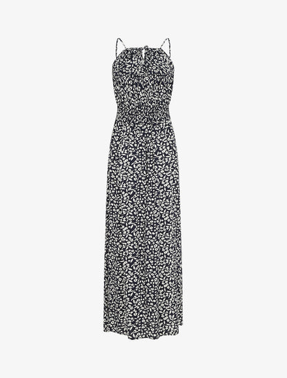 Robe longue à col américain et dentelle - Bleu nuit - 2