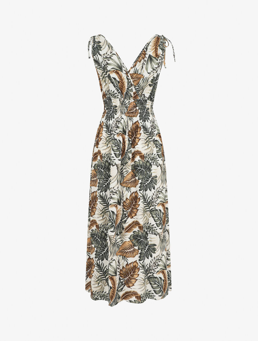 Robe longue élastiquée à imprimé feuilles - Blanc - 2