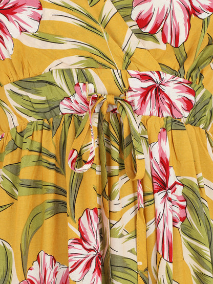Robe mi-longue imprimé feuilles - Jaune - 3