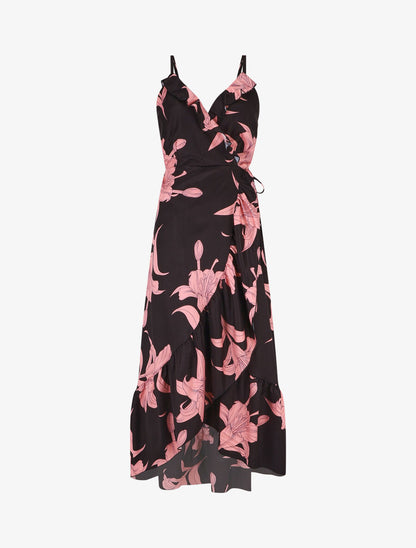 Robe longue asymétrique à imprimé grandes fleurs - Noir - 5