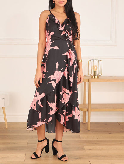Robe longue asymétrique à imprimé grandes fleurs - Noir - 4