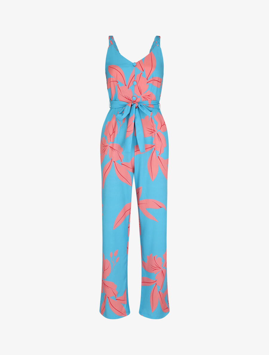 Combinaison droite bretelles tressées motif végétal - Turquoise - 5