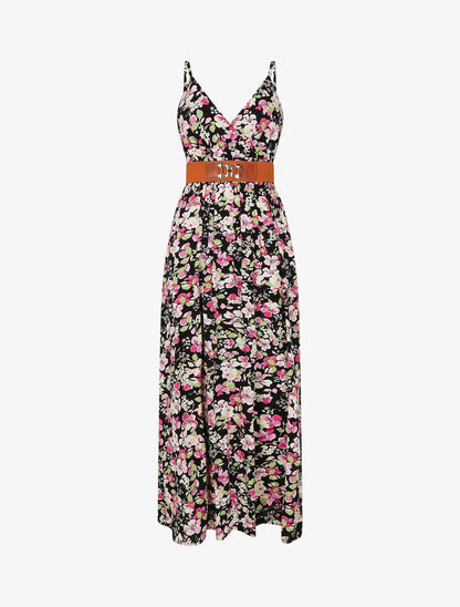 Robe longue imprimé fleurs printannières - Noir - 4