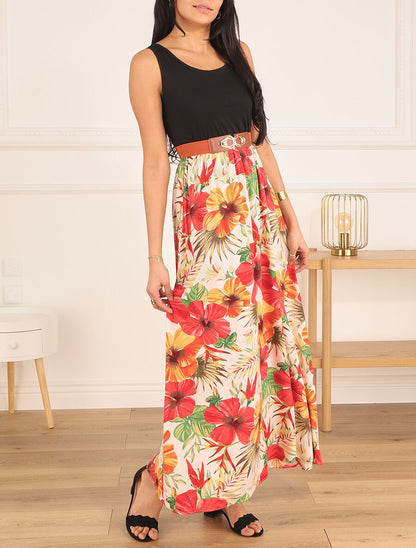 Robe longue bicolore imprimé tropical - Blanc - 4