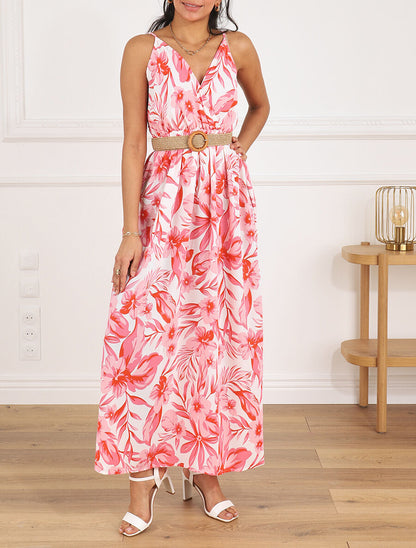 Robe longue imprimé grandes fleurs à bretelles - Rouge - 4
