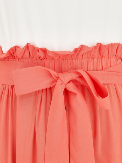 Robe longue évasée sans manches bicolore - Saumon - 3