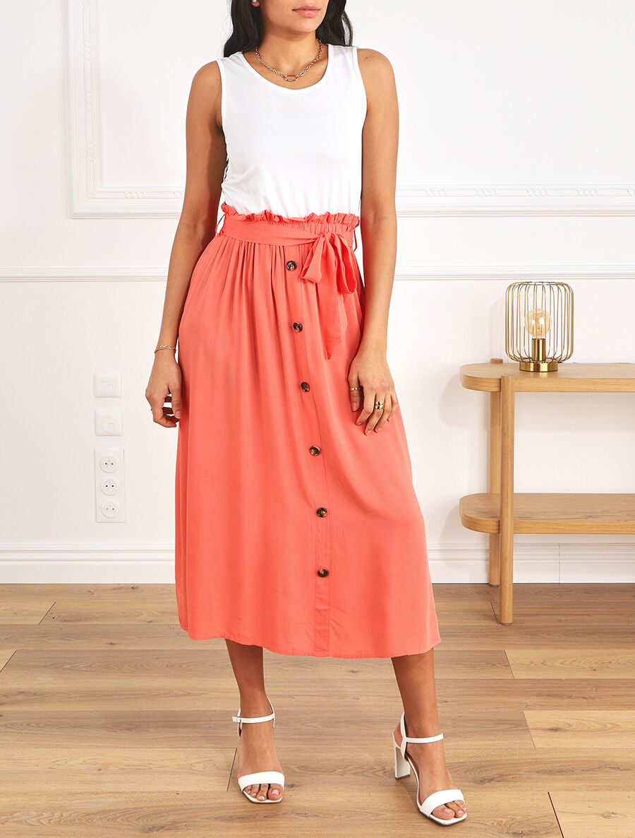 Robe longue évasée sans manches bicolore - Saumon - 4