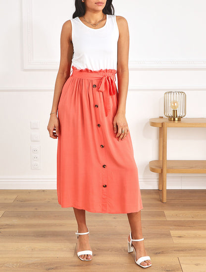 Robe longue évasée sans manches bicolore - Saumon - 4