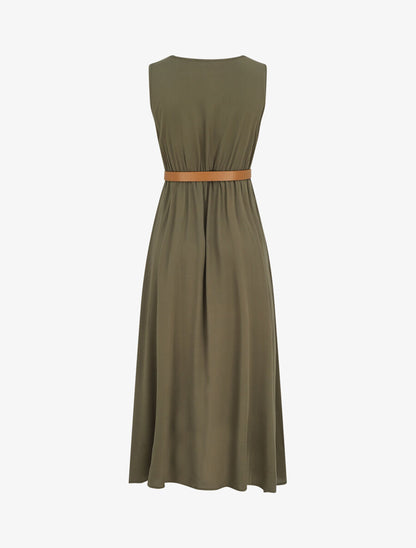 Robe longue unie boutonnée sans manches - Kaki - 2
