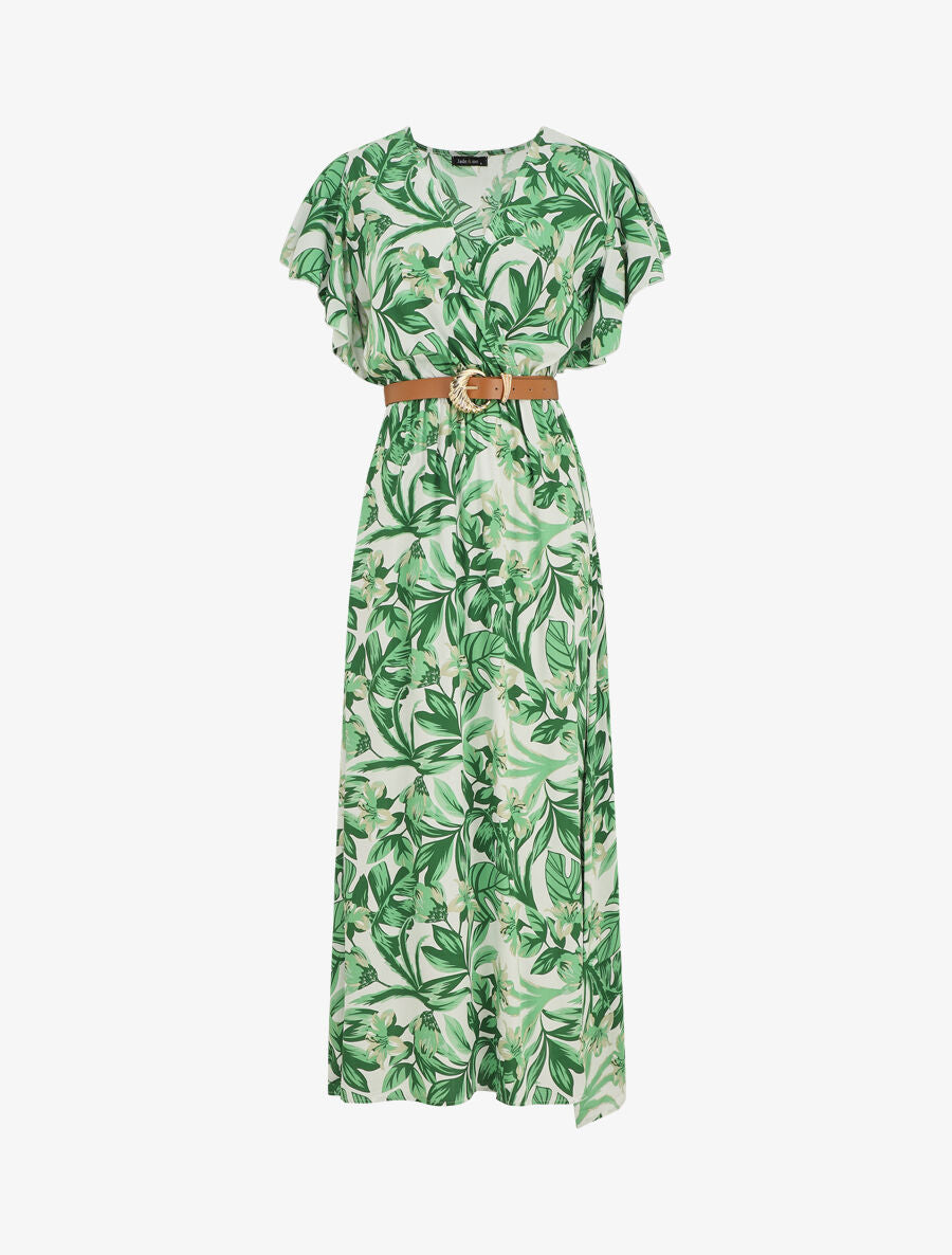 Robe longue manches courtes imprimé floral - Vert - 1