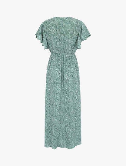 Robe longue imprimé floral à manches courtes volantées - Vert - 2
