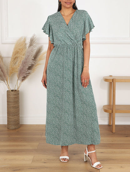 Robe longue imprimé floral à manches courtes volantées - Vert - 4