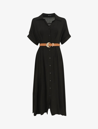 Robe chemise longue ceinturée - Noir - 4
